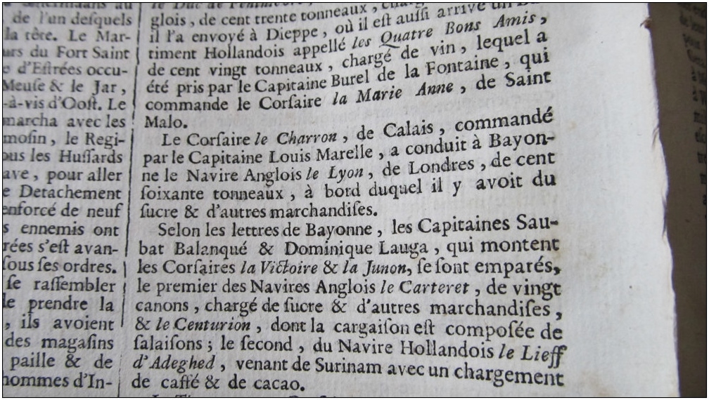 Corsaire le charron capitaine louis marelle la gazette du 20 avril 1748