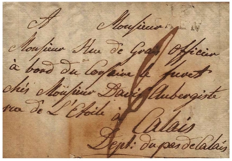 Lettre envoyee en 1810 au bateau corsaire le furet presentee par christian tetard
